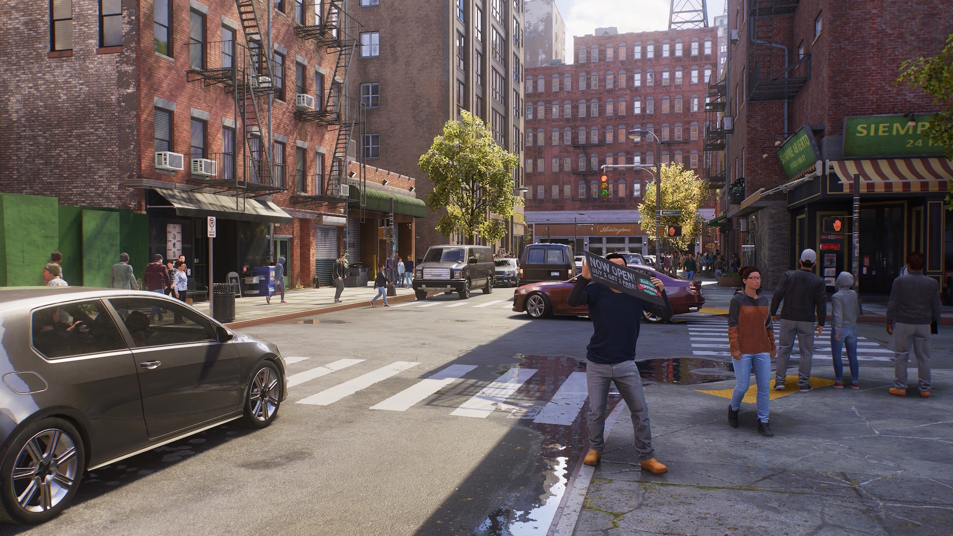 An image of a street scene in New York City, with a car driving by and someone advertising a business by flipping a board about. It’s not a real photograph, it’s a digital photograph taken from a Spider-Man game on Playstation 5