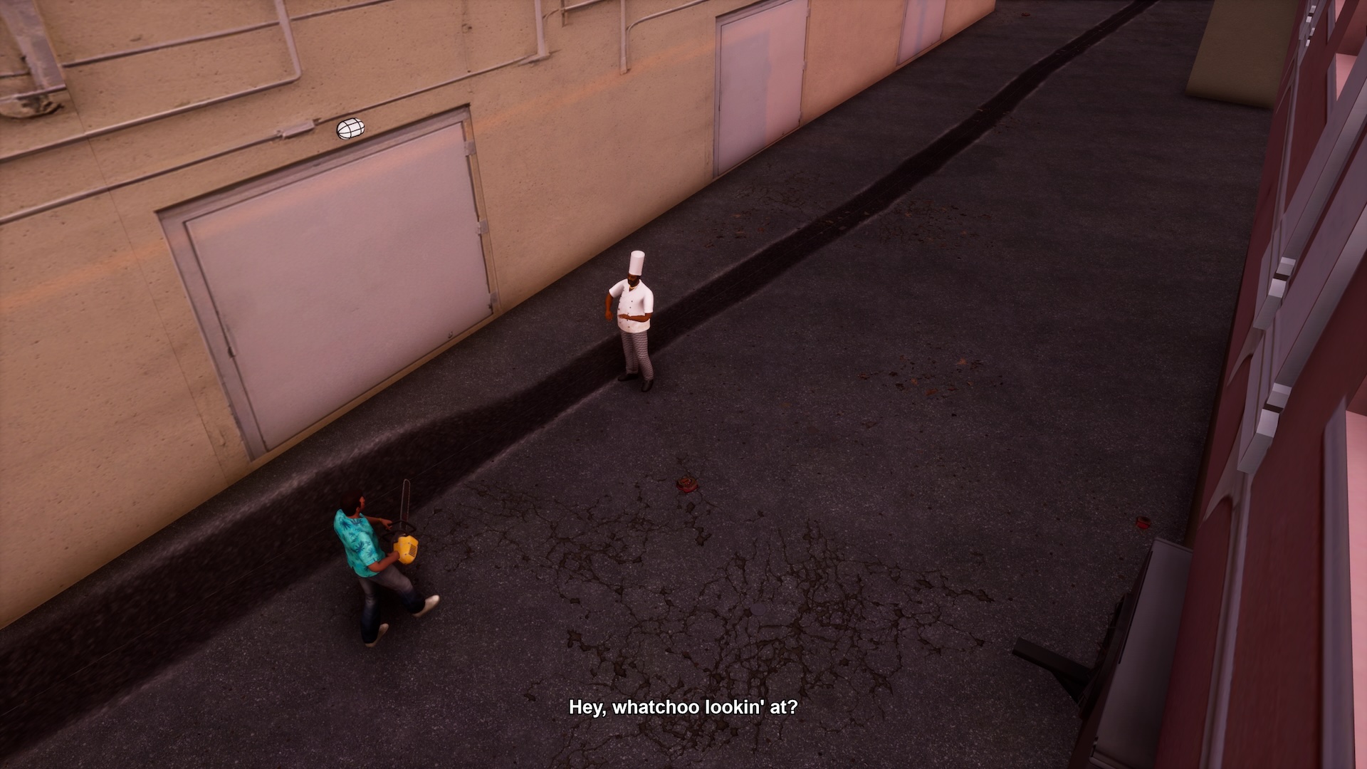 The middle cut scene in the alley from the mission &ldquo;Back Alley Brawl&rdquo; where Tommy approaches Leo the cook. Tommy, amusingly, is hefting a running chainsaw to no concern from the poorly-armed cook.